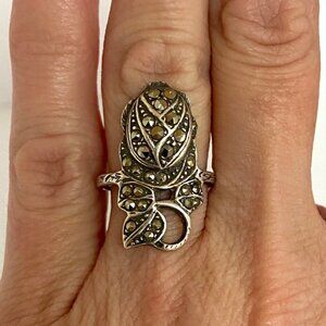 VTG Sterling Silver 925 Art Deco Style Marcasite Flower Rose Ring Sz 5.75